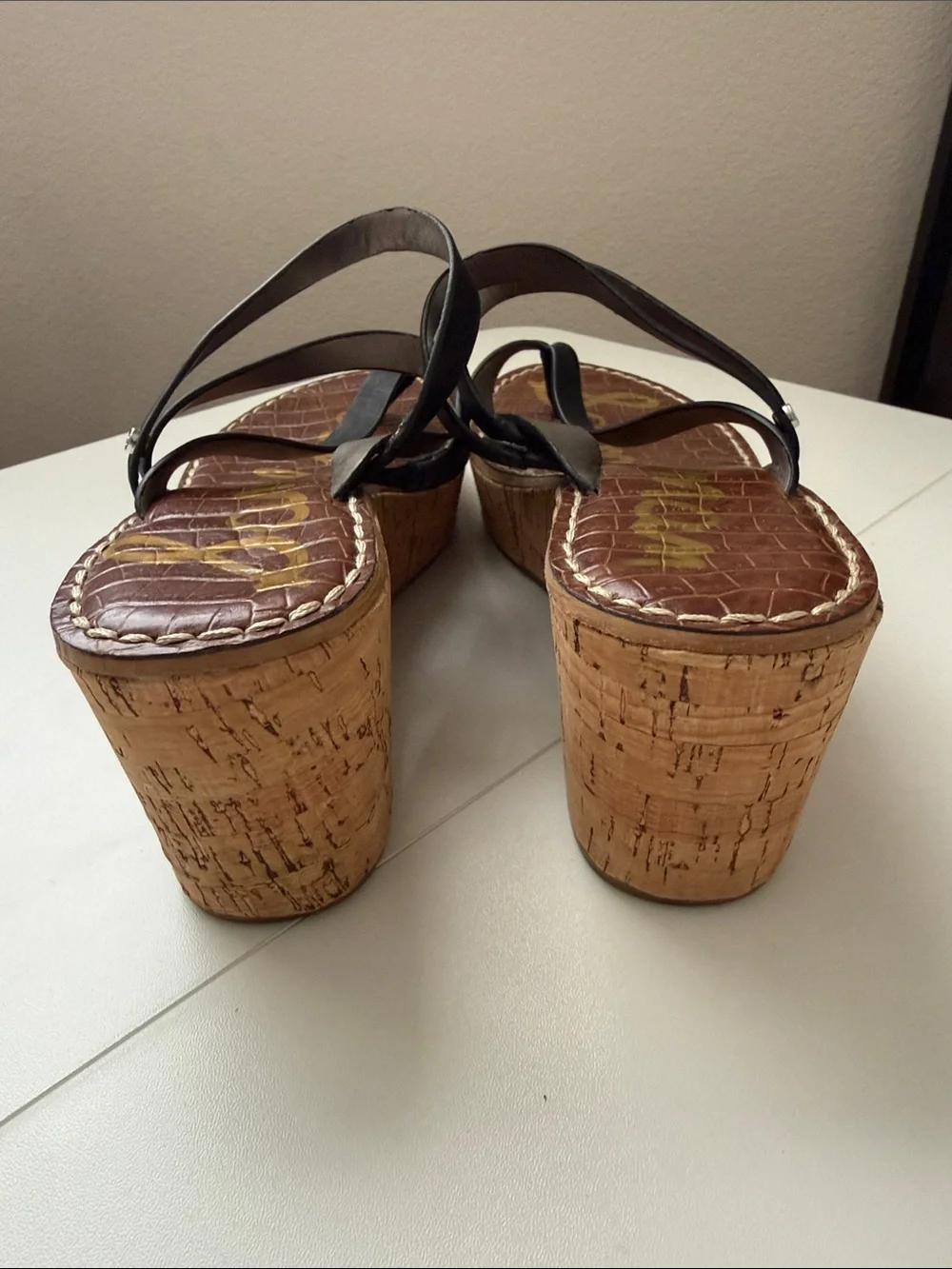 Sam Edelman Black Strappy Wedge Sandals with Brown Footbed